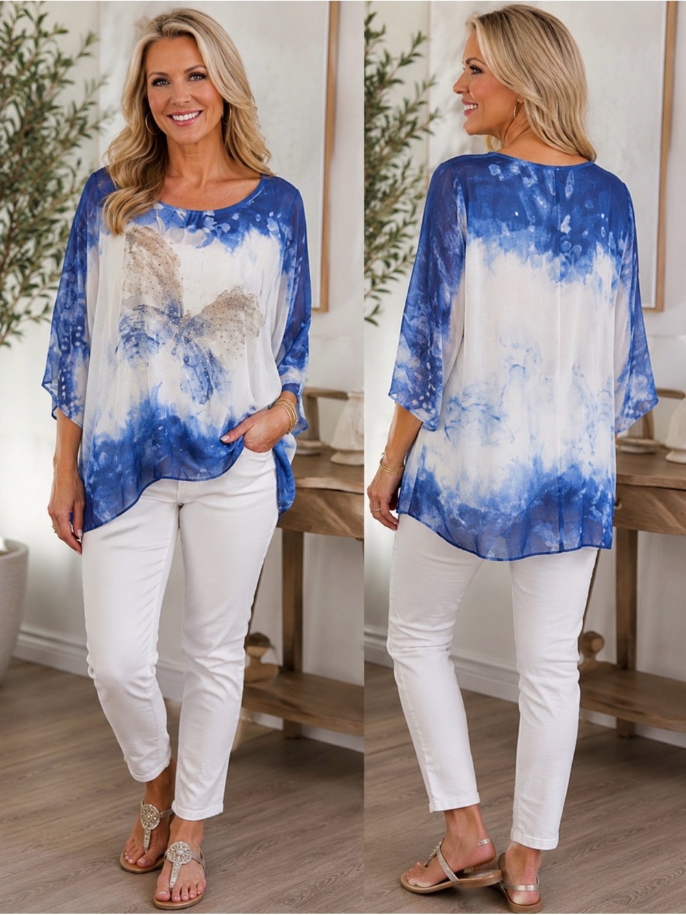 J M Collection Blue White Butterfly Embellished Sheer Tunic Top XL